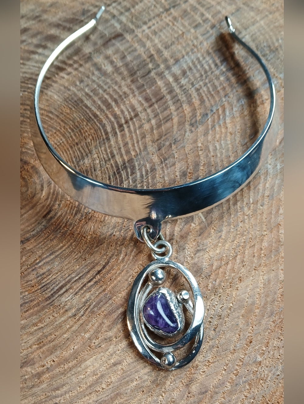 Erik Dennung Norway Silver Choker Necklace with Purple Amethyst Drop Pendant